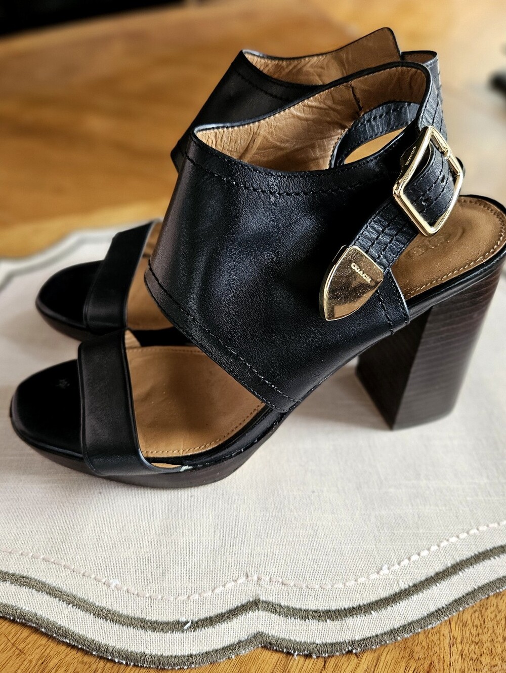Black Leather Block Heeled Sandal Gold Hardware